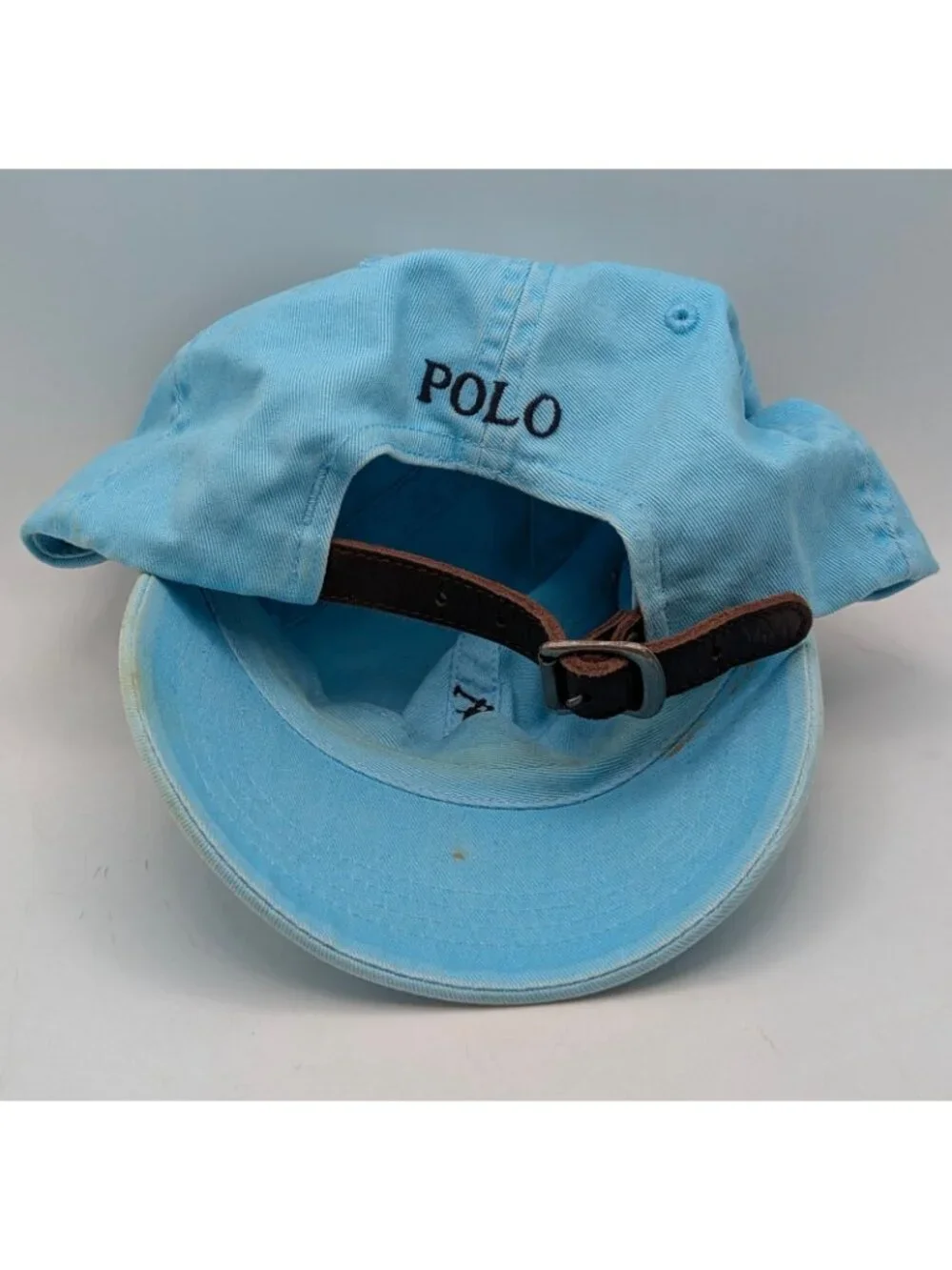 Vintage Polo Ralph Lauren Hat Light Blue Pony Logo Leather Strap Y2K Nautical